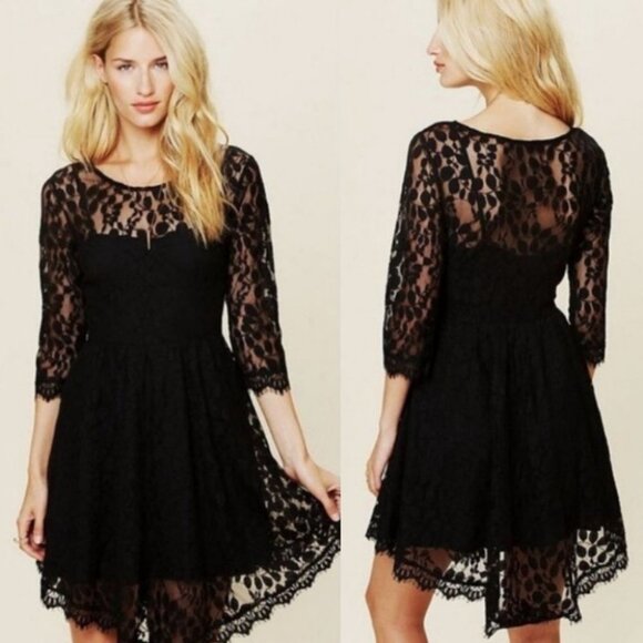 Free People Black Floral Lace Eyelet Dress Size 0 Sheer Floral Bohemian Mini‎ - Picture 3 of 14